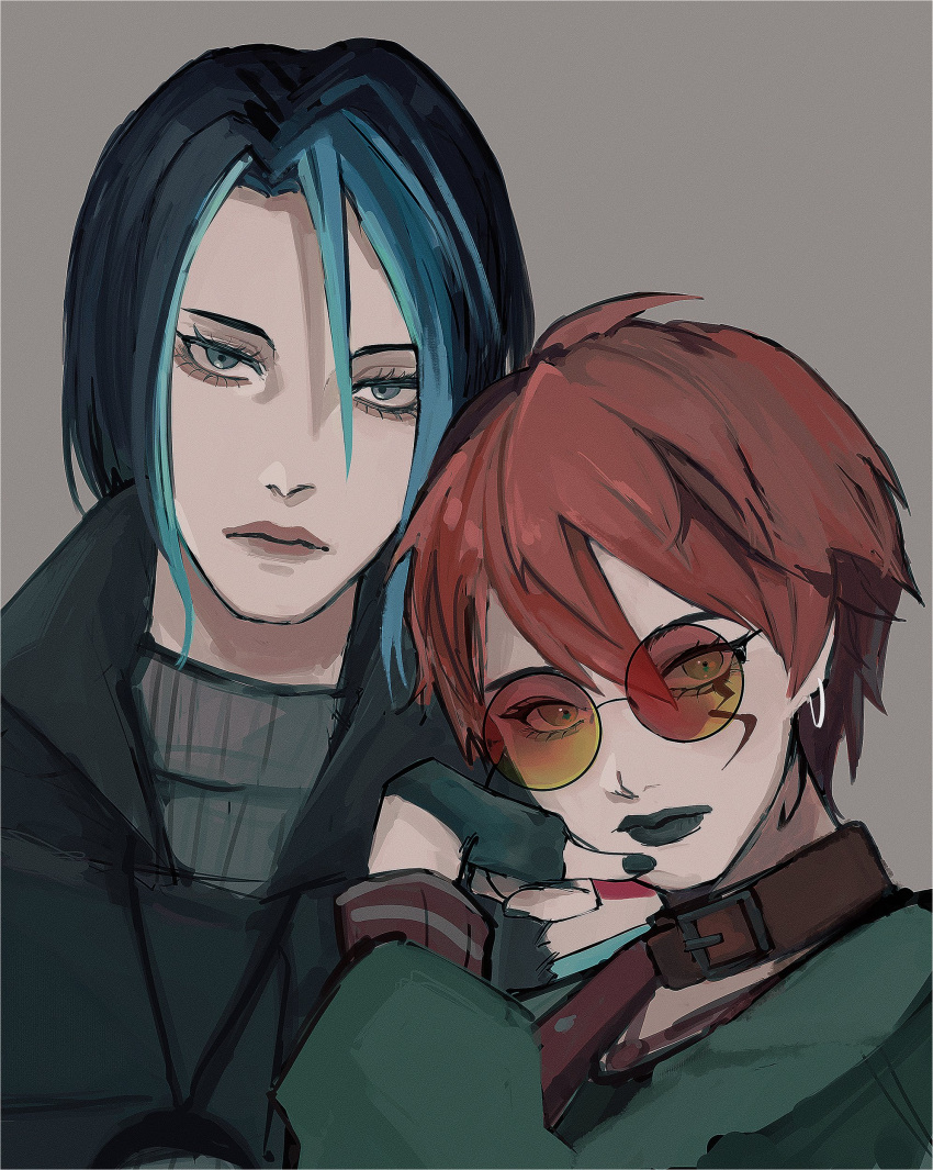 2girls, absurdres, animification, apex_legends, black_hair, blue_eyes, blue_hair, brown_collar