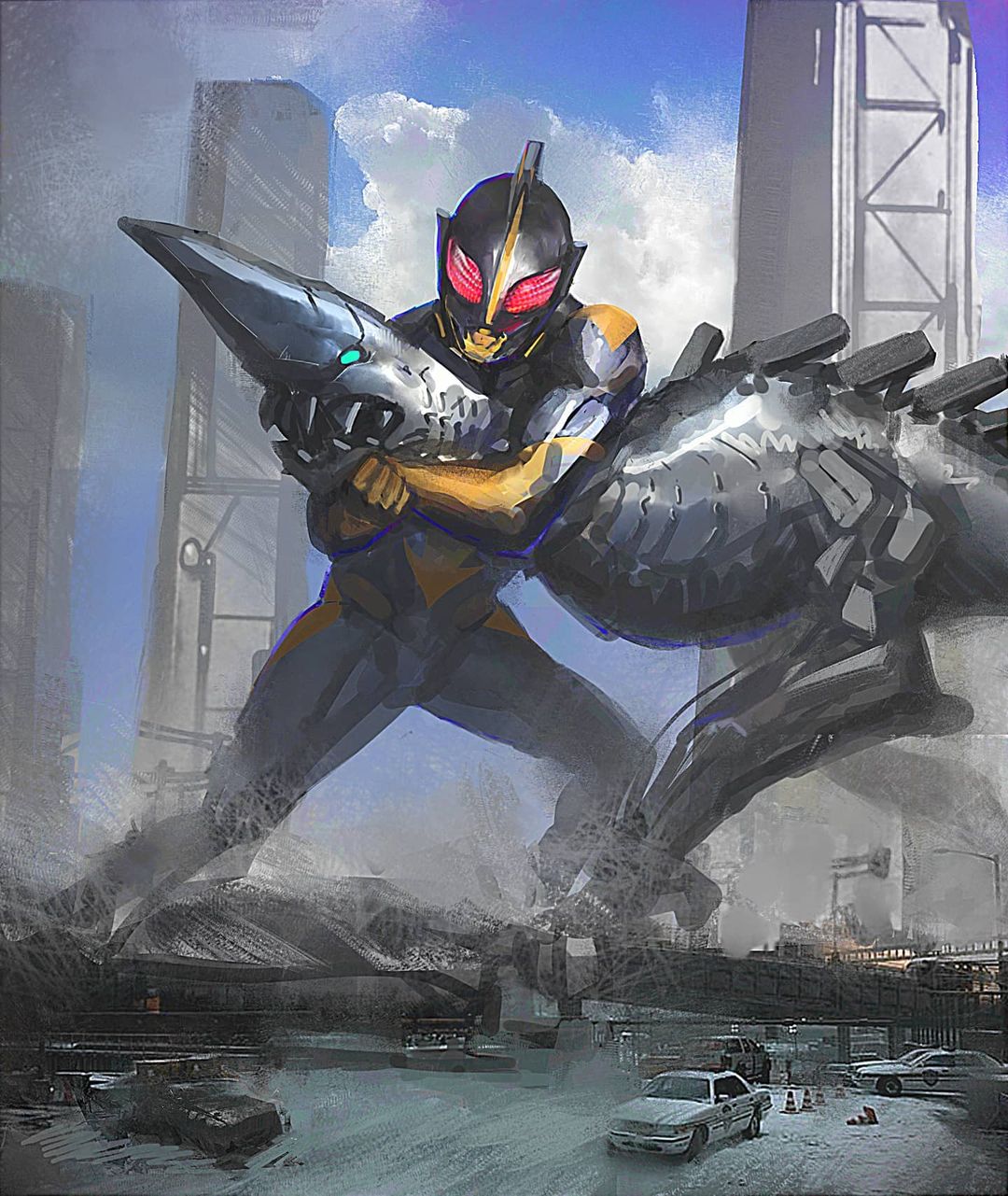 1boy, alien, car, clouds, english_commentary, ground_vehicle, highres, kaijuu, motor_vehicle, peter_chai, police_car, red_eyes, sky, tokusatsu, traffic_cone, ultra_series, ultraman_shadow, ultraman_zearth_(series)