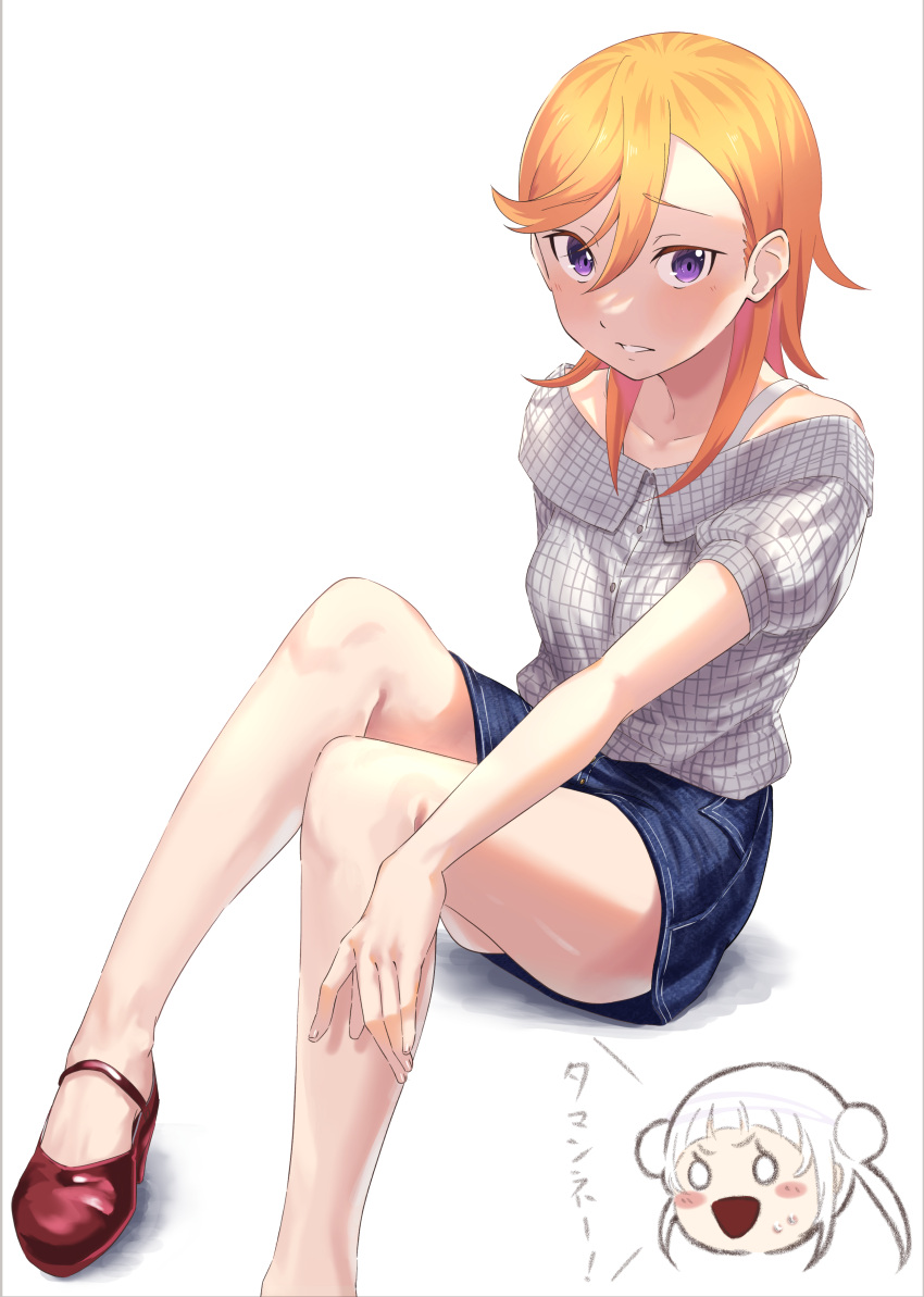 1girl, absurdres, arashi_chisato, bangs, bare_legs, blonde_hair, blue_skirt, blush, collarbone, denim, denim_skirt, grey_shirt, hair_between_eyes, highres, long_hair, looking_at_viewer, love_live!, love_live!_superstar!!, miniskirt, off-shoulder_shirt, off_shoulder, parted_lips, repurika, shibuya_kanon, shiny, shiny_hair, shiny_skin, shirt, simple_background, sitting, skirt, solo, straight_hair, violet_eyes, white_background