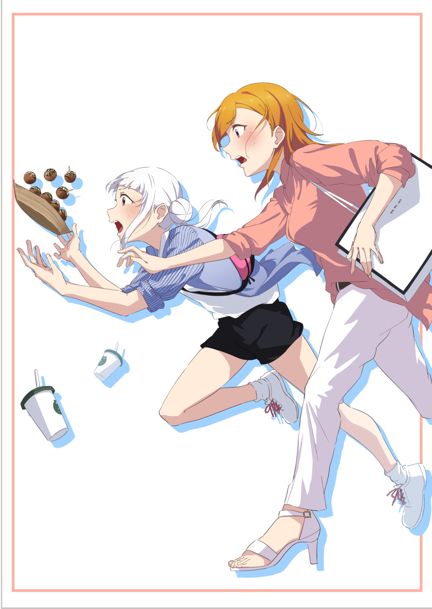2girls, absurdres, arashi_chisato, bangs, black_footwear, black_pants, black_shorts, blonde_hair