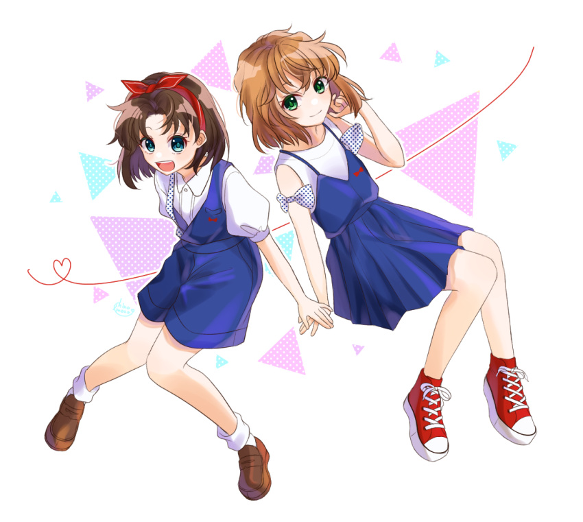 2girls, :d, blue_dress, blue_eyes, bow, bow_hairband, brown_footwear, brown_hair