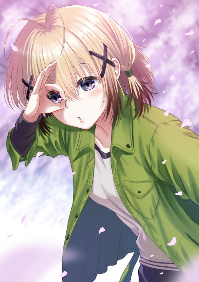 1girl, antenna_hair, bangs, black_hair, blonde_hair, blue_eyes, cherry_blossoms, collarbone