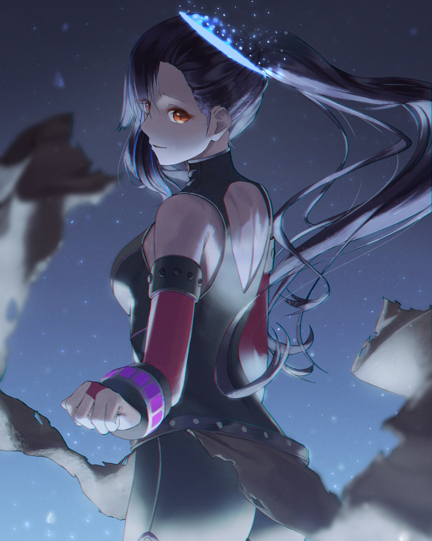 1girl, absurdres, black_hair, breasts, bridal_gauntlets, detached_sleeves, dos_(ehgns007kr), floating_hair