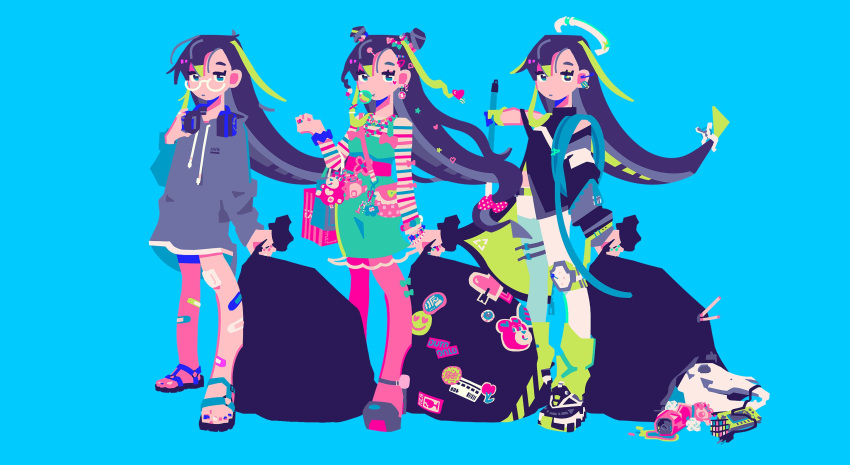 3girls, belt, black_hair, blue_background, bow, decora, dress, earrings