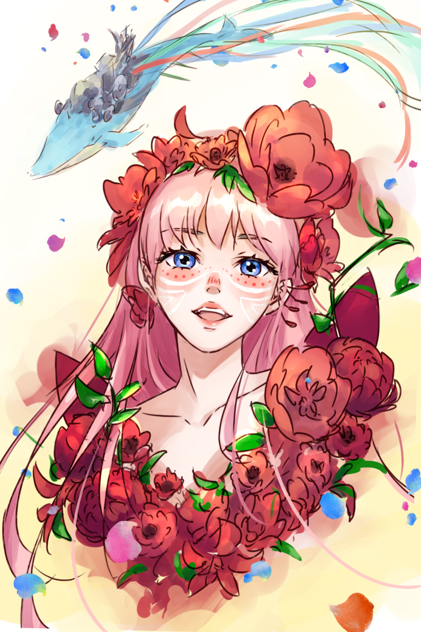 1girl, bangs, belle_(ryuu_to_sobakasu_no_hime), blue_eyes, collarbone, facial_mark, flower, head_wreath