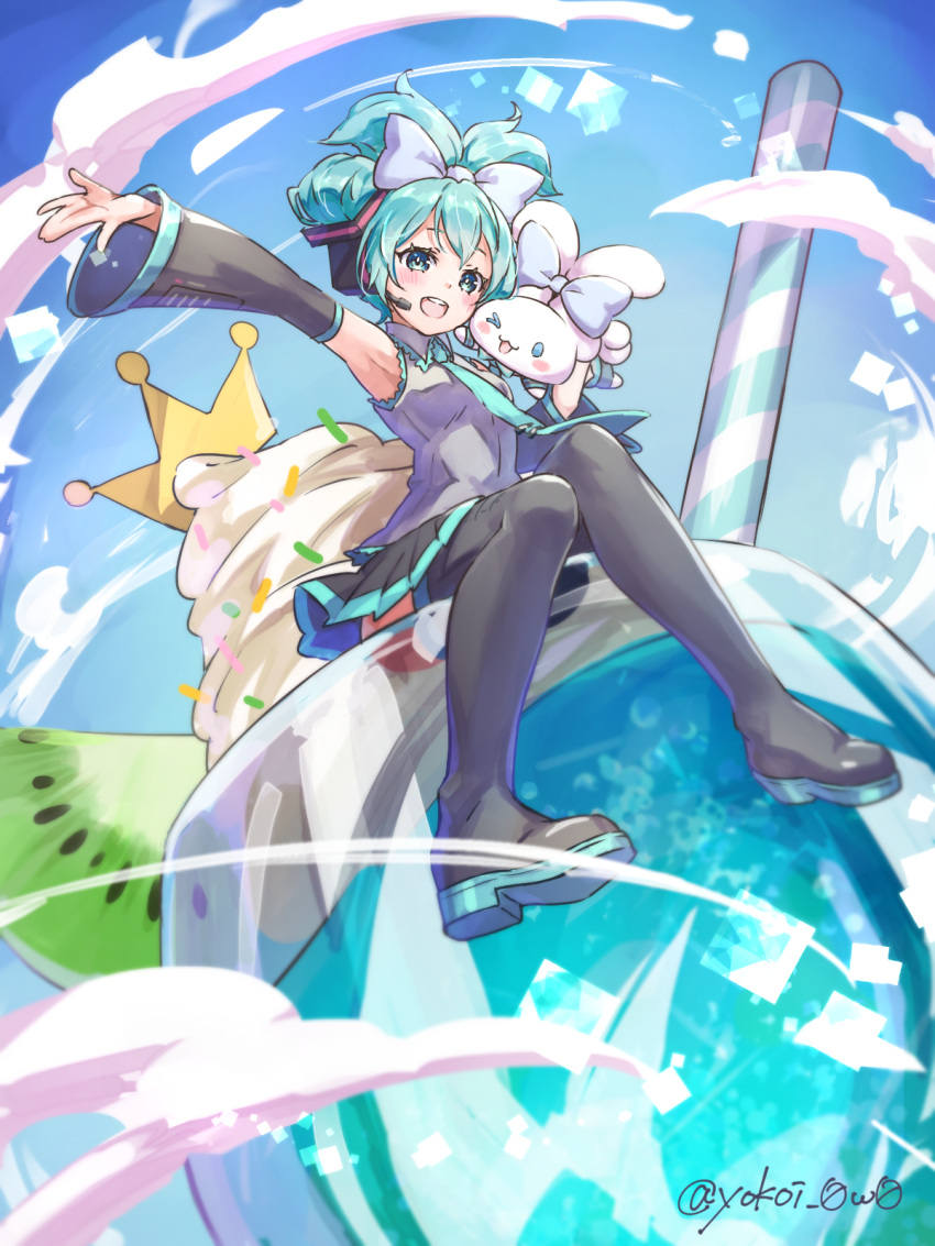 1girl, :d, aqua_eyes, aqua_hair, aqua_necktie, arm_up, black_footwear, black_skirt