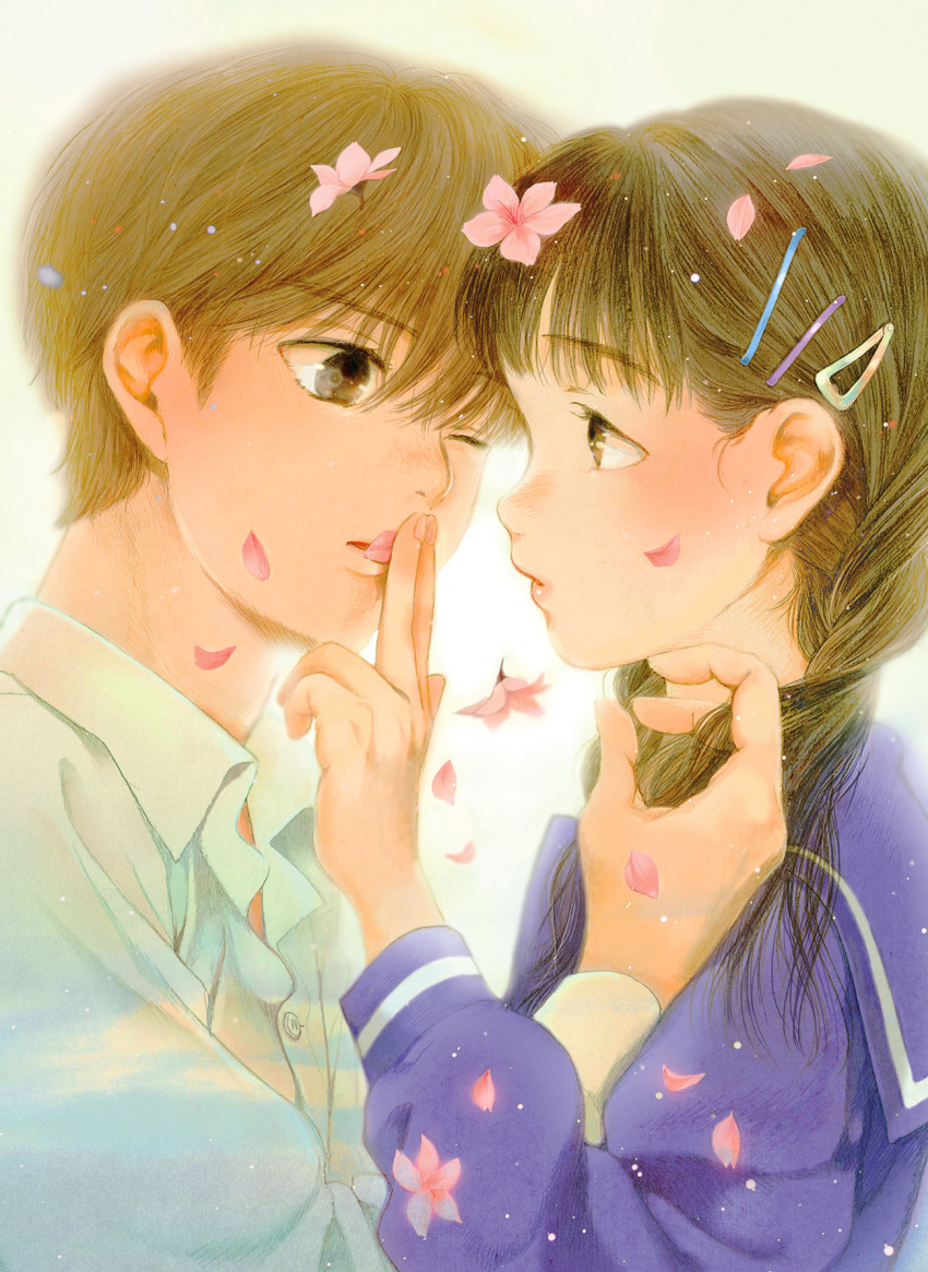 1boy, 1girl, azusa_yumi_(tsurimaki_nodoka), bangs, blue_serafuku, blunt_bangs, braid, brown_eyes