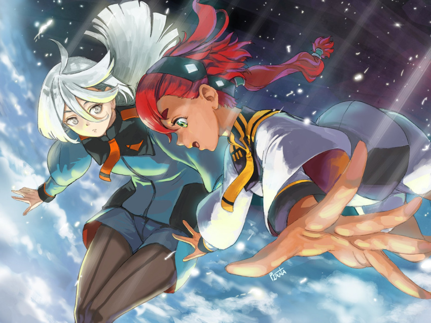 2girls, ahoge, aqua_eyes, dark-skinned_female, dark_skin, english_commentary, grey_eyes, gundam