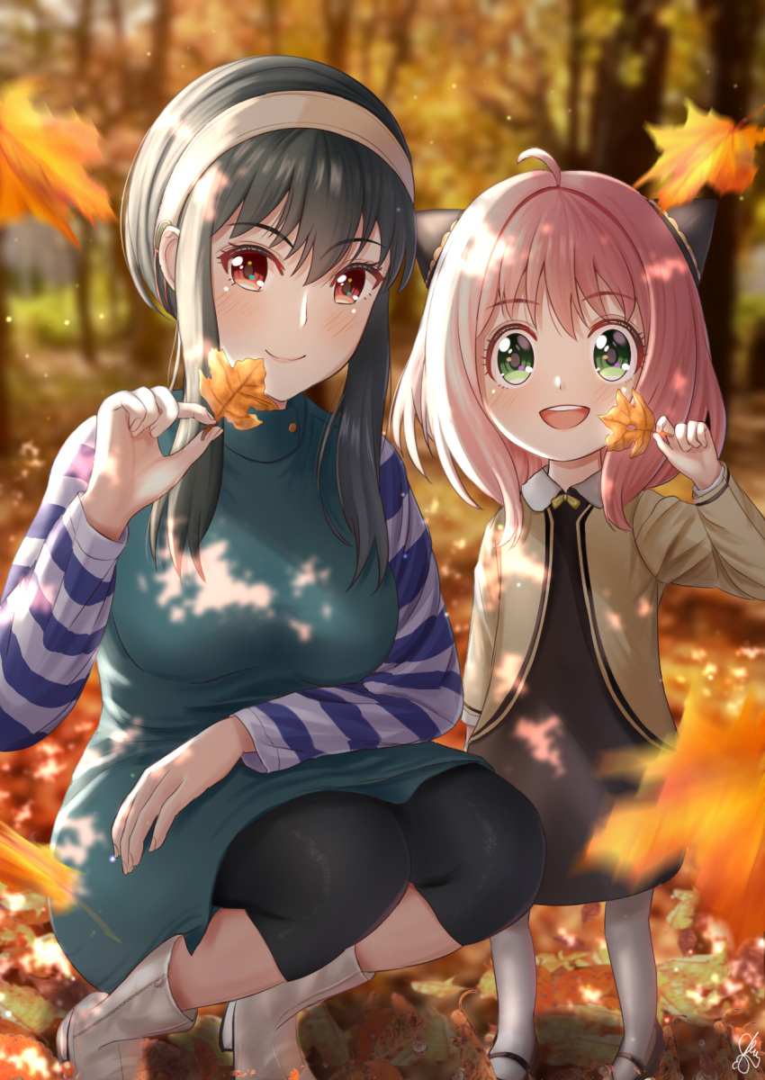 2girls, ahoge, akiyama0818, anya_(spy_x_family), autumn, autumn_leaves, black_hair, breasts, female_child, green_eyes, hairband, hairpods, highres, holding, holding_leaf, large_breasts, leaf, long_hair, mother_and_daughter, multiple_girls, pantyhose, pink_hair, red_eyes, shirt, signature, smile, spy_x_family, squatting, standing, striped, striped_shirt, white_footwear, white_hairband, white_pantyhose, yor_briar