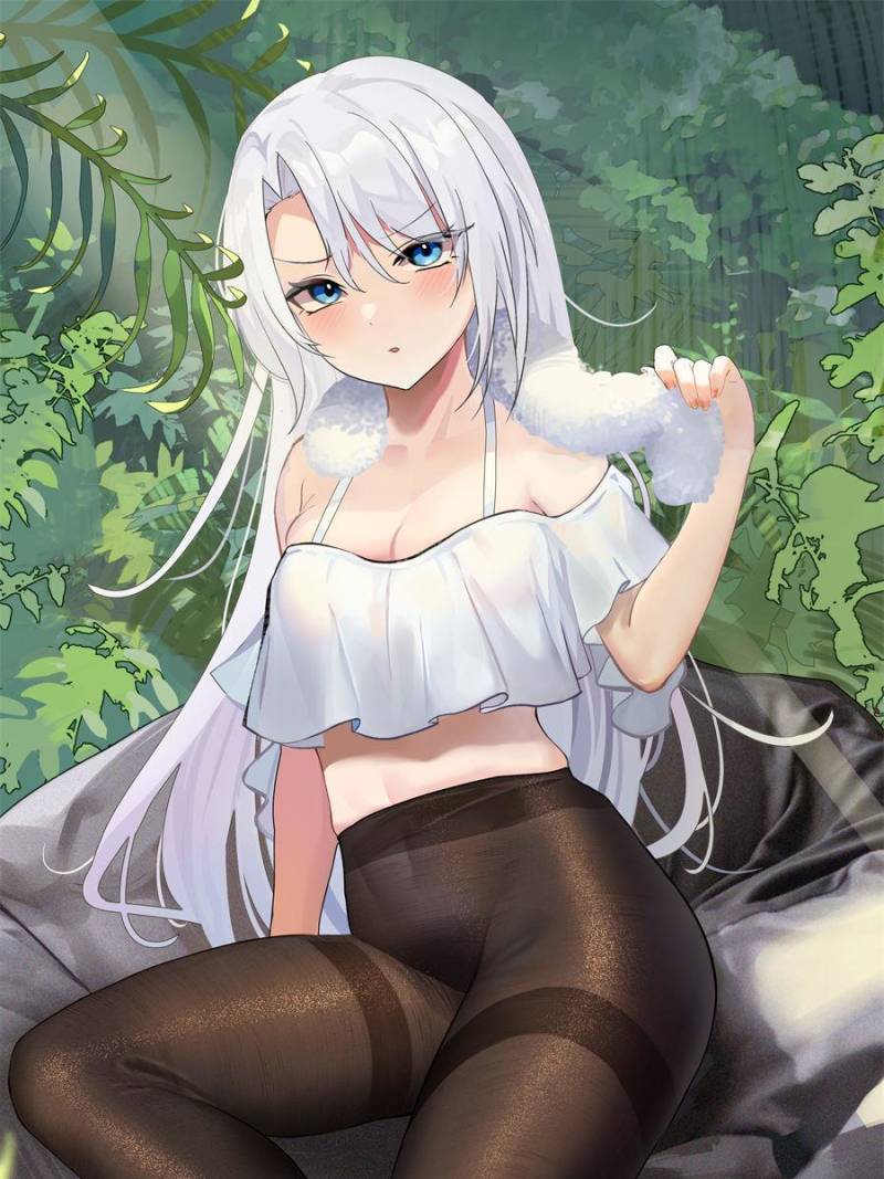 1girl, black_pantyhose, blue_eyes, blush, breasts, long_hair, looking_at_viewer, mk-li_zhiheng, my_girl_is_a_dragon, no_panties, non-web_source, pantyhose, reese_(my_girl_is_a_dragon), small_breasts, towel, very_long_hair, white_hair