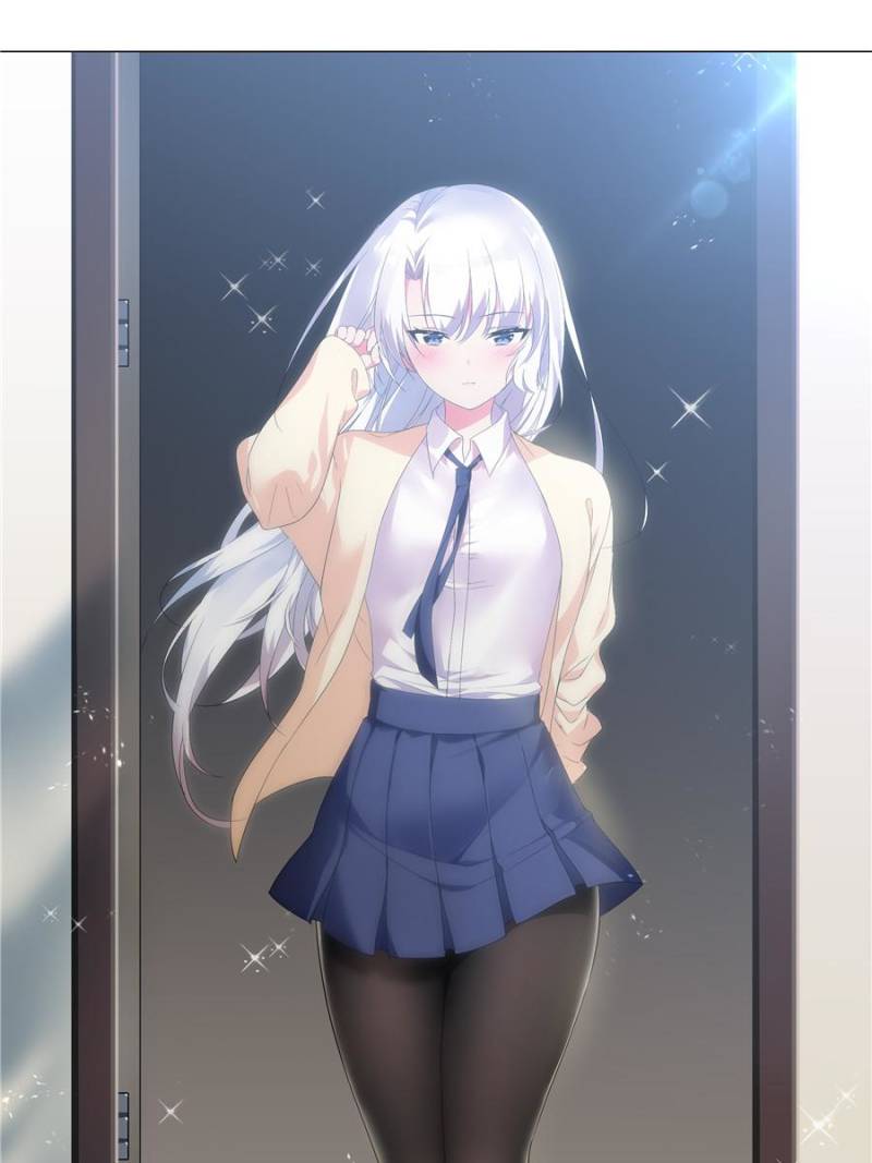 1girl, blue_eyes, blush, breasts, cardigan, long_hair, mk-li_zhiheng, my_girl_is_a_dragon, non-web_source, pantyhose, reese_(my_girl_is_a_dragon), school_uniform, shiny, shirt, small_breasts, white_hair