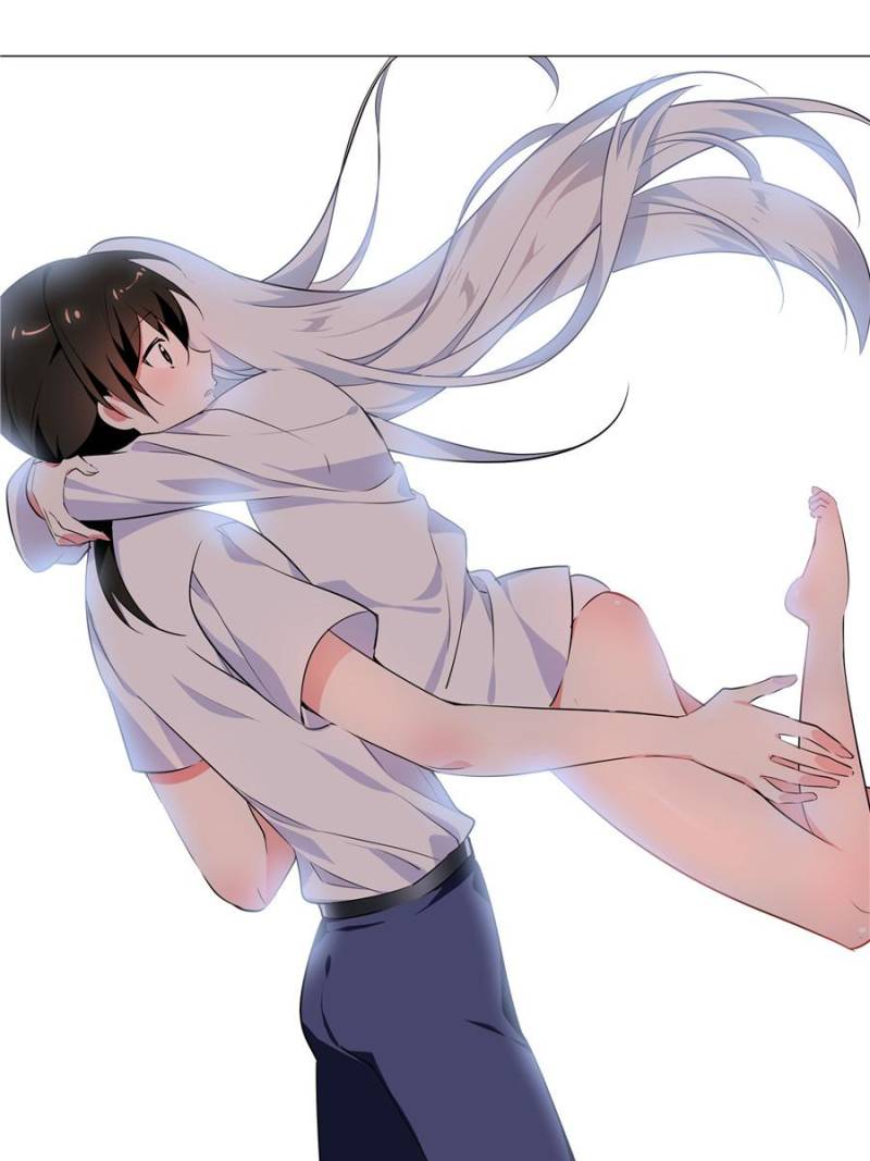 1boy, 1girl, arms_around_neck, black_eyes, black_hair, denim, hug, jeans, long_hair, mk-li_zhiheng, my_girl_is_a_dragon, naked_shirt, nightshell, non-web_source, panties, pants, reese_(my_girl_is_a_dragon), shirt, underwear, very_long_hair, white_hair