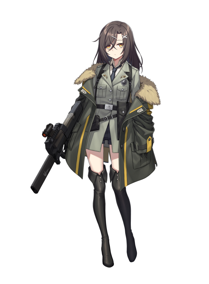 1girl, absurdres, alpha_transparency, brown_hair, chris_(counter:side), counter:side, full_body, gun, hair_between_eyes, hair_ornament, hairclip, highres, holding, holding_gun, holding_weapon, long_hair, necktie, official_art, shorts, solo, tachi-e, transparent_background, weapon, x_hair_ornament, yellow_eyes