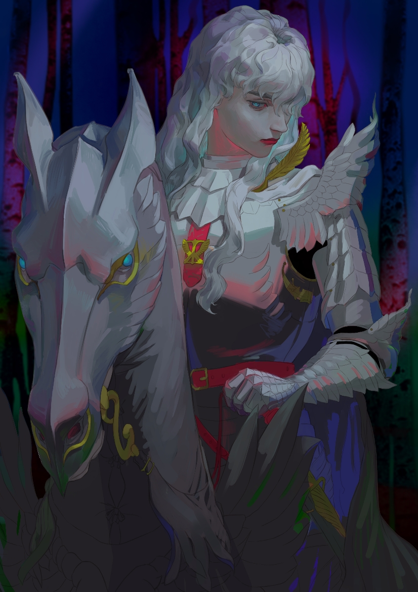 1boy, androgynous, armor, berserk, cha_mui, closed_mouth, griffith_(berserk), holding, holding_reins, horns, horseback_riding, long_hair, looking_at_viewer, male_focus, reins, riding, solo, wavy_hair, white_hair, white_horse