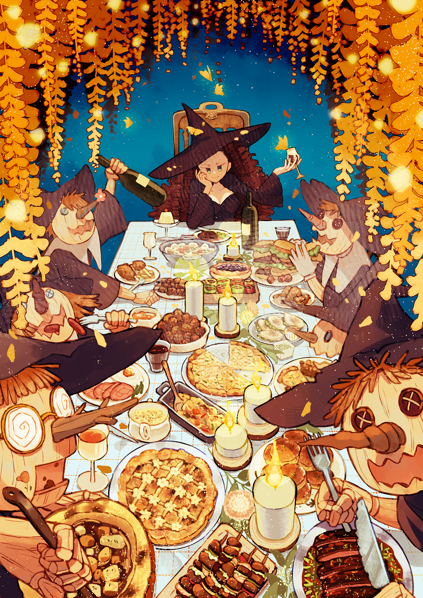1girl, @_@, animate_object, bangs, black_dress, black_headwear, blue_background, bottle, bowl, breasts, bug, burger, butterfly, button_eyes, candlelight, chicken_leg, coke-bottle_glasses, cup, curly_hair, dress, drink, drinking_glass, eating, elbow_on_table, feast, flower, flower_on_nose, food, fork, french_fries, glasses, glowing_petals, ham, hand_up, hat, head_rest, highres, hinata_(echoloveloli), holding, holding_bottle, holding_cup, holding_fork, holding_knife, knife, light_particles, long_hair, looking_at_viewer, magic, meat, meatball, night, original, petals, pie, plate, pudding, puppet, redhead, robe, sausage, skewer, smile, soup, steak, table, wisteria, witch, witch_hat, yellow_butterfly