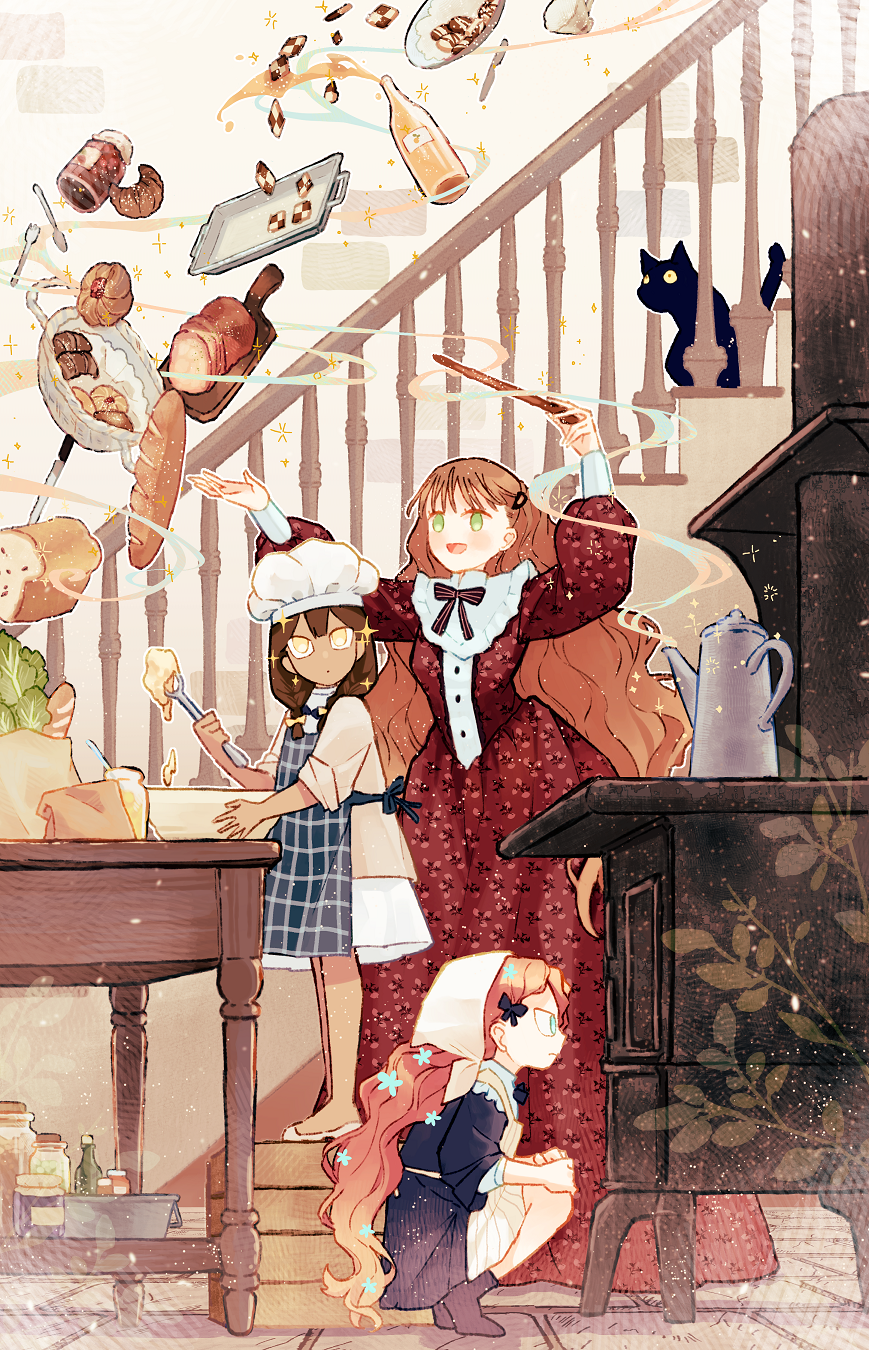3girls, animal, apron, arms_up, bag, baguette, bangs, black_cat, black_dress, bottle, bow, bowl, bowtie, braid, branch, bread, brown_hair, cat, chef_hat, collared_dress, cookie, cooking, cooking_pot, croissant, cup, dark-skinned_female, dark_skin, dough, dress, drink, floating, flower, food, fork, green_eyes, hair_bow, hair_flower, hair_ornament, hair_over_shoulder, hat, head_scarf, highres, hinata_(echoloveloli), holding, holding_wand, indoors, jam, jar, kettle, kitchen, knife, levitation, long_hair, long_sleeves, looking_away, looking_to_the_side, looking_up, magic, meat, multiple_girls, napa_cabbage, orange_hair, original, paper_bag, plaid, plaid_apron, puffy_long_sleeves, puffy_sleeves, red_dress, short_dress, smile, sparkle, spilling, spoon, squatting, stairs, standing, steam, stove, table, teacup, tile_floor, tiles, twin_braids, twintails, very_long_hair, wand, wavy_hair, white_dress, white_headwear, witch, wooden_table, yellow_eyes