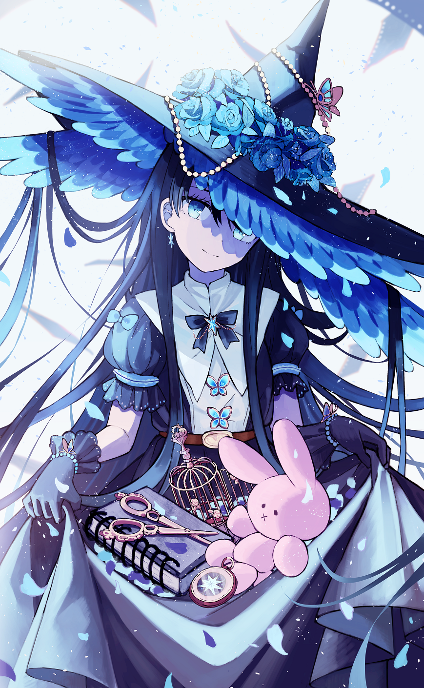 1girl, bangs, bead_bracelet, beads, black_bow, black_bowtie, black_dress, black_gloves