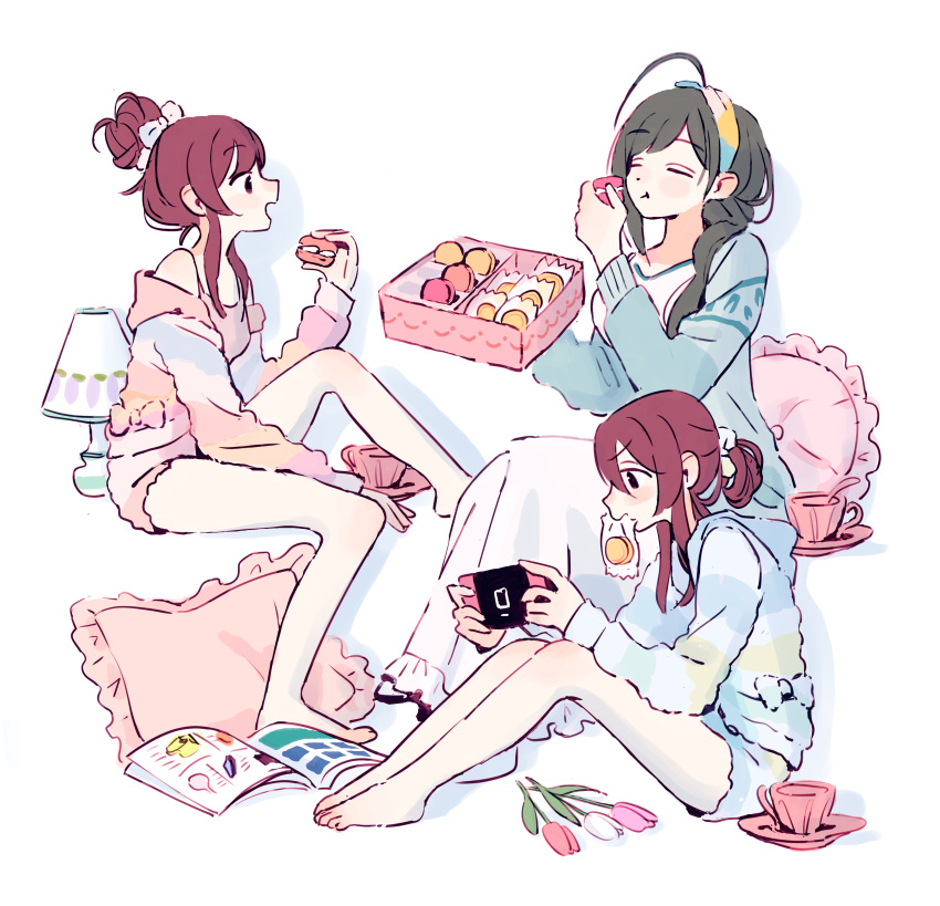 3girls, absurdres, ahoge, alstroemeria_(idolmaster), bare_legs, barefoot, brown_eyes, brown_hair
