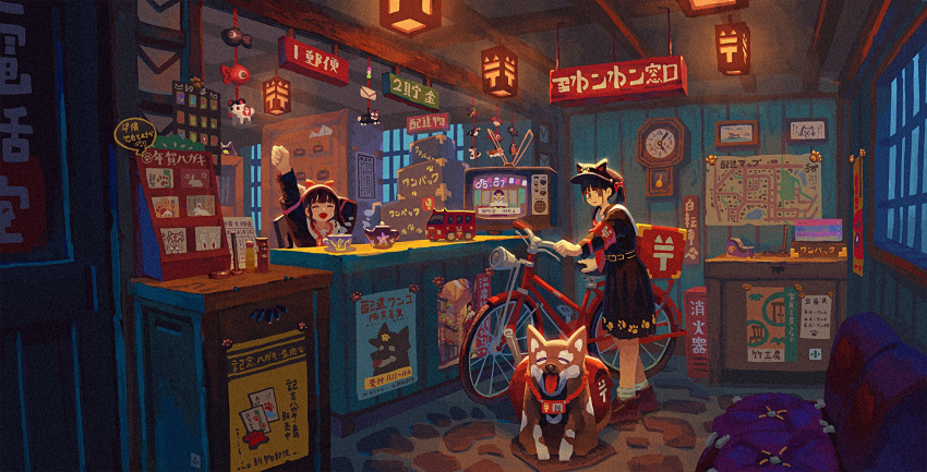 2girls, analog_clock, arm_up, armband, bangs, belt, bicycle, black_hair