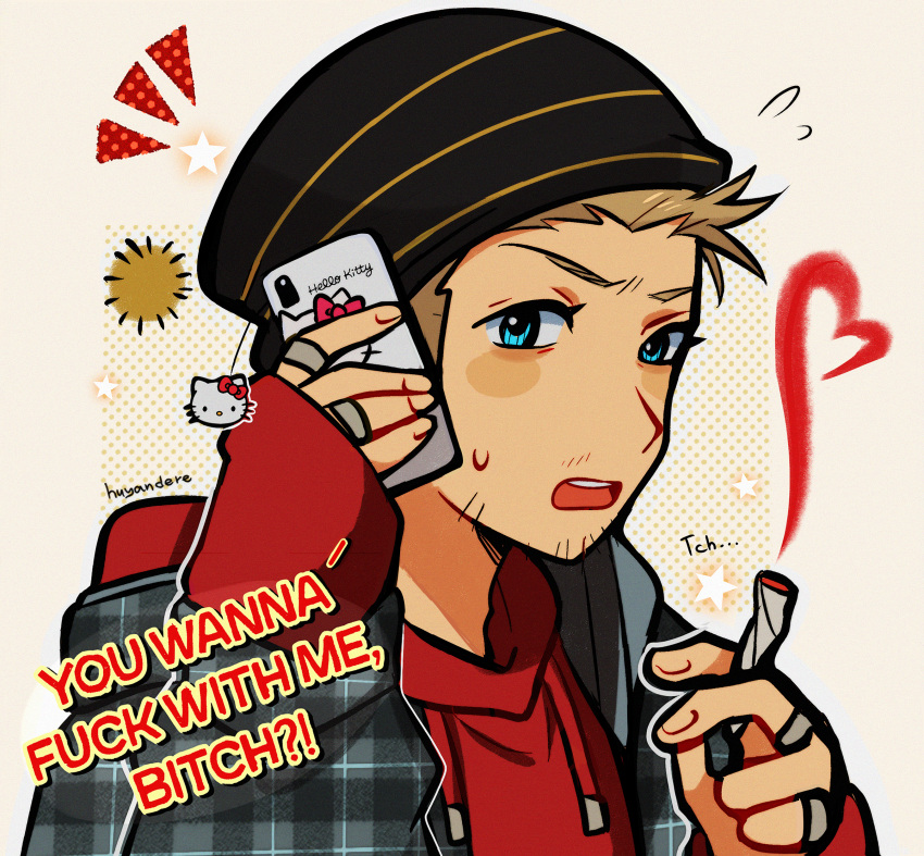 1boy, absurdres, beanie, blonde_hair, blue_eyes, breaking_bad, cellphone, charisma_break