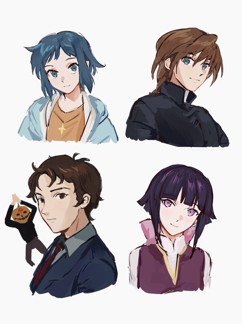 1girl, 1other, 3boys, bangs, black_jacket, black_sweater, blue_eyes, blue_hair, blue_jacket, blue_suit, blunt_bangs, blush, brown_eyes, brown_hair, brown_pants, collared_shirt, duo_maxwell, formal, freya_0913, grey_shirt, gundam, gundam_age, gundam_build_fighters, gundam_hathaway's_flash, gundam_wing, hair_between_eyes, hathaway_noa, head_tilt, highres, iori_sei, jack-o'-lantern, jacket, light_smile, looking_at_viewer, looking_to_the_side, mafti_nabiyu_erin, meme, multiple_boys, necktie, open_clothes, open_jacket, orange_shirt, own_hands_together, pants, portrait, pumpkin_dance_(meme), pumpkin_mask, purple_hair, purple_skirt, red_necktie, shirt, short_hair, sidelocks, skirt, smile, suit, sweater, upper_body, violet_eyes, white_shirt, yurin_leciel