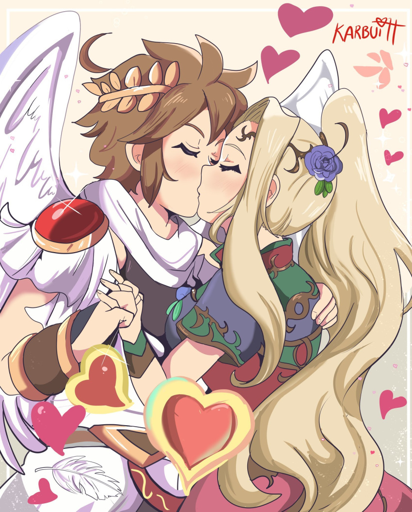 1boy, 1girl, angel_wings, black_shirt, blonde_hair, blush, bracer, breasts