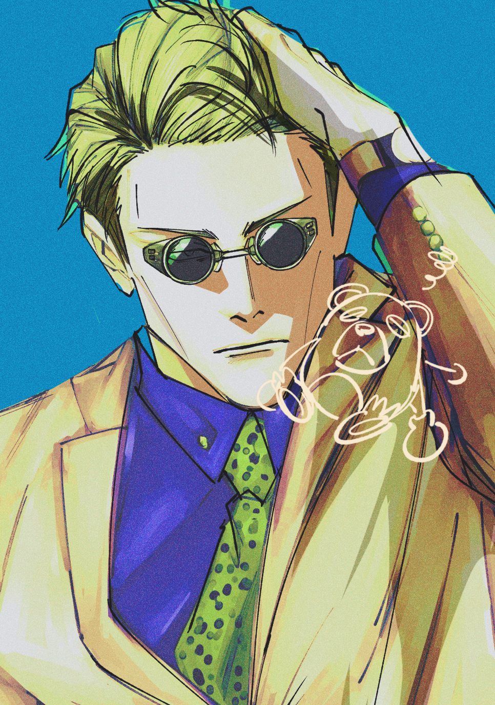 1boy, animal_print, blonde_hair, blue_background, blue_shirt, formal, goggles, hand_on_own_head