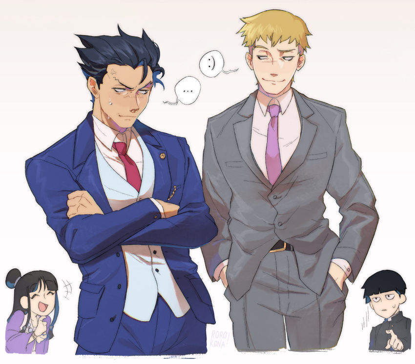 1girl, 3boys, ace_attorney, black_hair, blonde_hair, blush, brown_hair, crossover