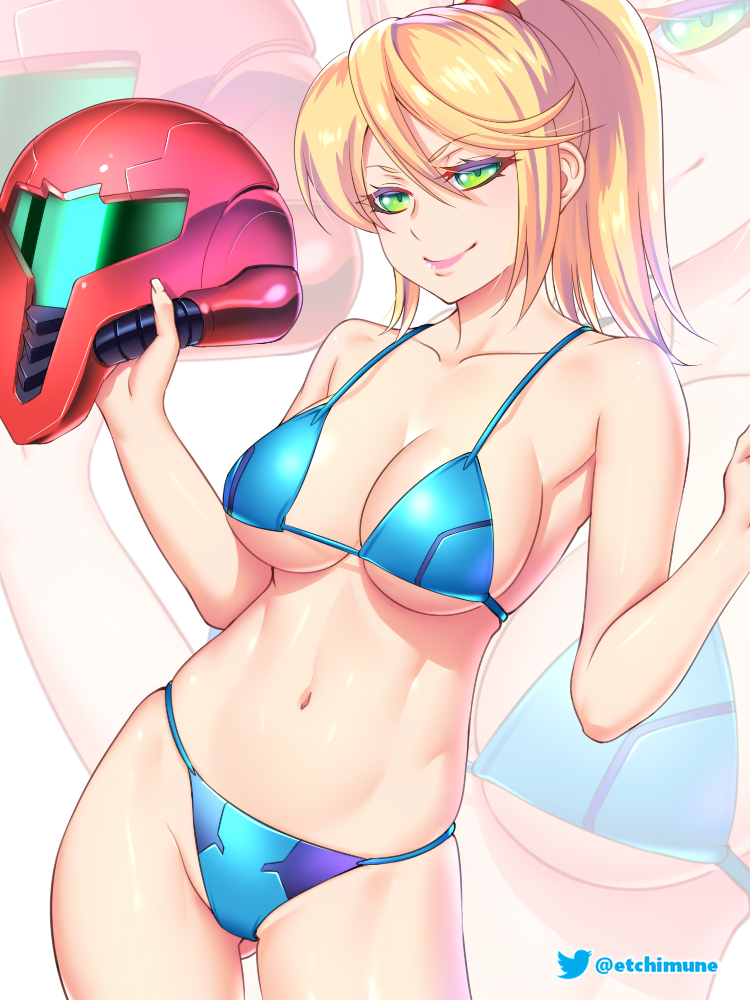 1girl, bangs, bikini, blonde_hair, breasts, etchimune, green_eyes, helmet