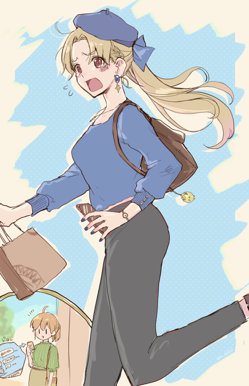 2girls, alternate_costume, alternate_hairstyle, aruti, backpack, bag, beret, black_pants