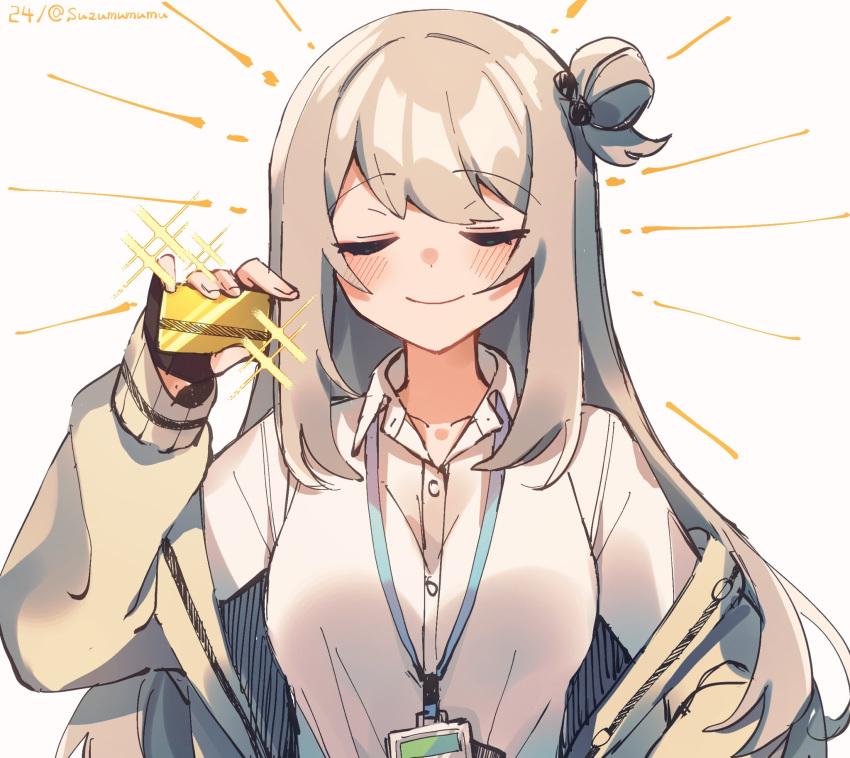1girl, black_gloves, blue_archive, blush, breasts, brown_hair, brown_jacket, card, closed_eyes, closed_mouth, collarbone, collared_shirt, commentary_request, credit_card, dress_shirt, facing_viewer, fingerless_gloves, gloves, grey_background, hair_bun, highres, holding, holding_card, jacket, lanyard, long_hair, long_sleeves, medium_breasts, nonomi_(blue_archive), off_shoulder, open_clothes, open_jacket, puffy_long_sleeves, puffy_sleeves, shirt, simple_background, single_side_bun, smile, solo, suzu_(alpha_diamant), upper_body, white_shirt