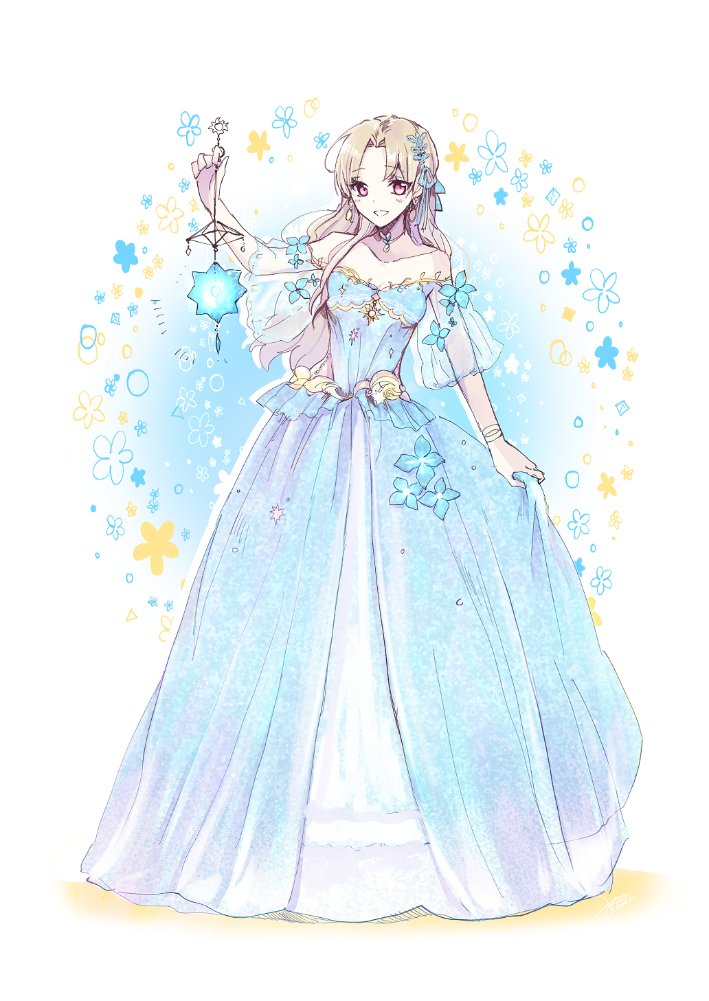 1girl, alternate_costume, alternate_hairstyle, aruti, bare_shoulders, blonde_hair, blue_dress, blue_flower, blush, bracelet, dress, earrings, ereshkigal_(fate), fate/grand_order, fate_(series), floral_background, floral_dress, flower, hair_ribbon, highres, holding, holding_clothes, holding_dress, jewelry, light_blue_ribbon, long_hair, looking_at_viewer, neck_ribbon, open_mouth, red_eyes, ribbon, see-through, see-through_sleeves, smile, solo