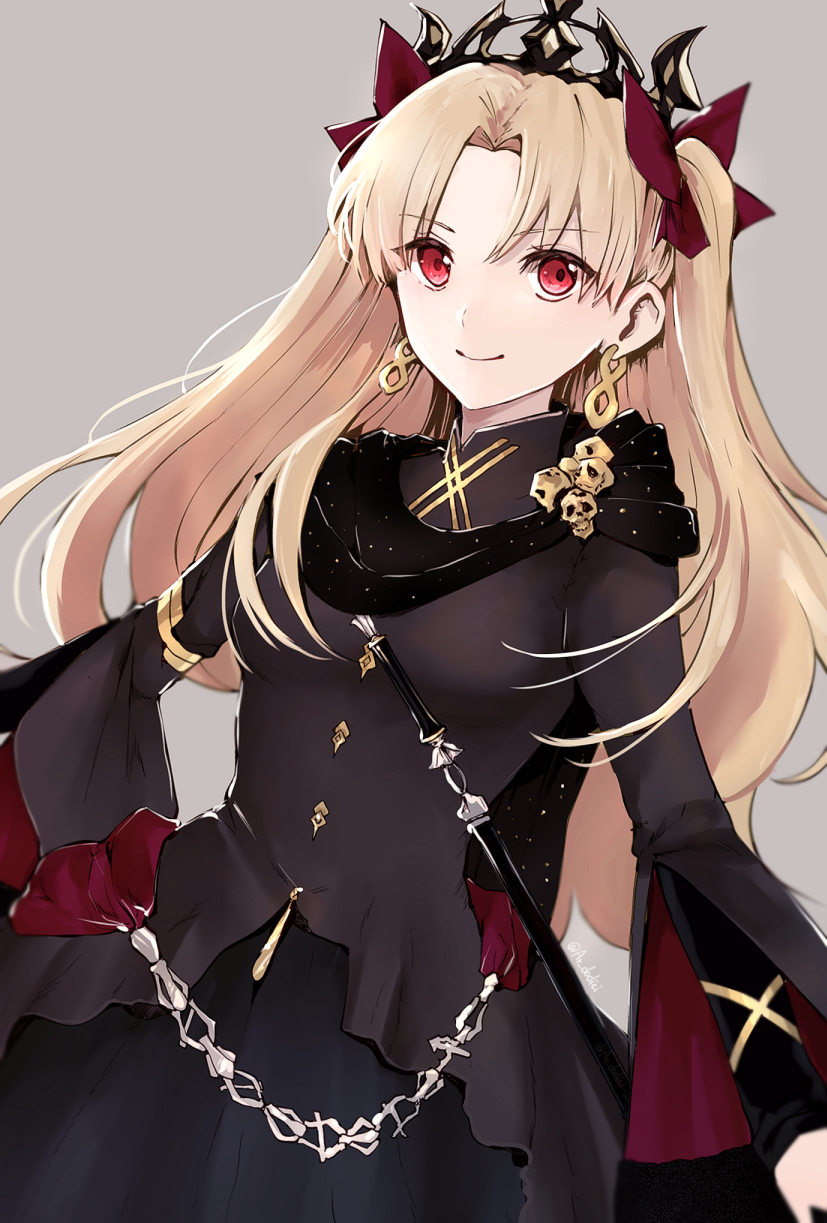 1girl, aruti, black_dress, black_tiara, blonde_hair, dress, earrings, ereshkigal_(fate)