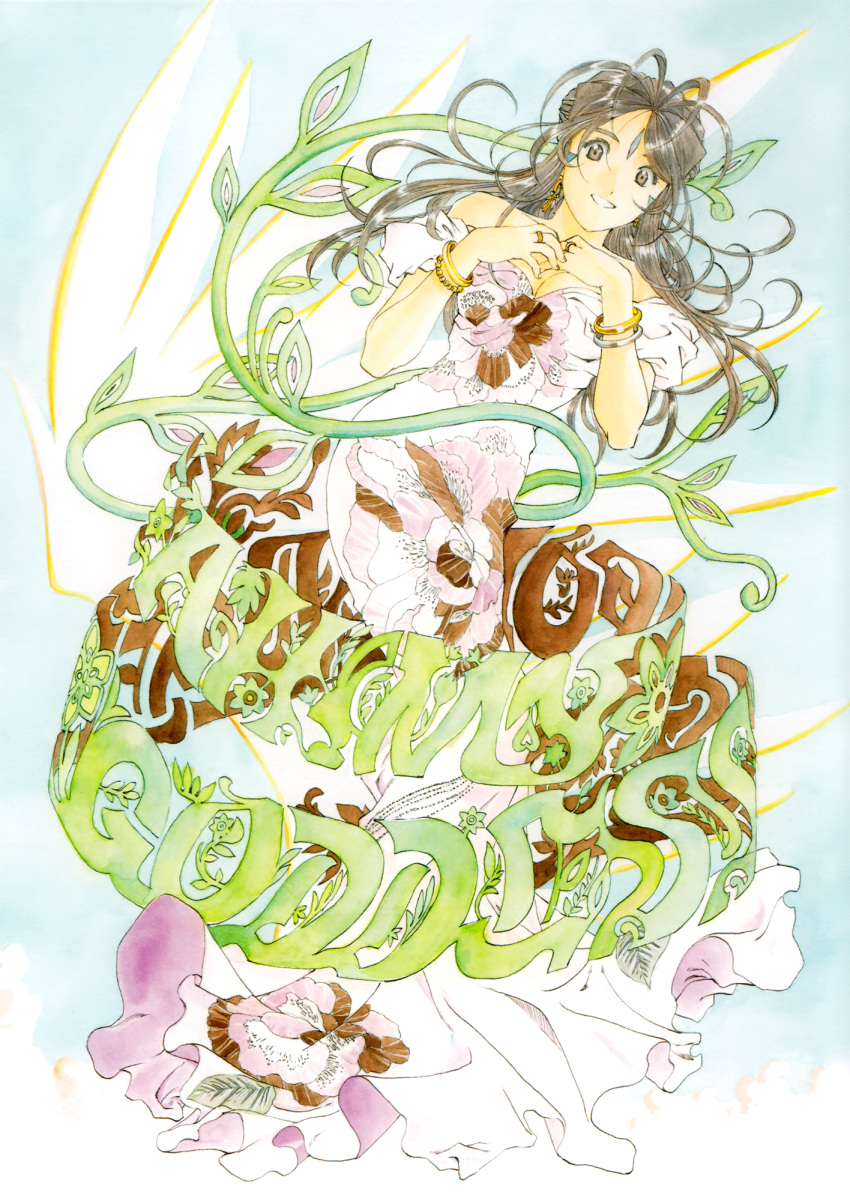 1girl, aa_megami-sama, ah_my_goddess, antenna_hair, bare_arms, bare_shoulders, belldandy, bracelet