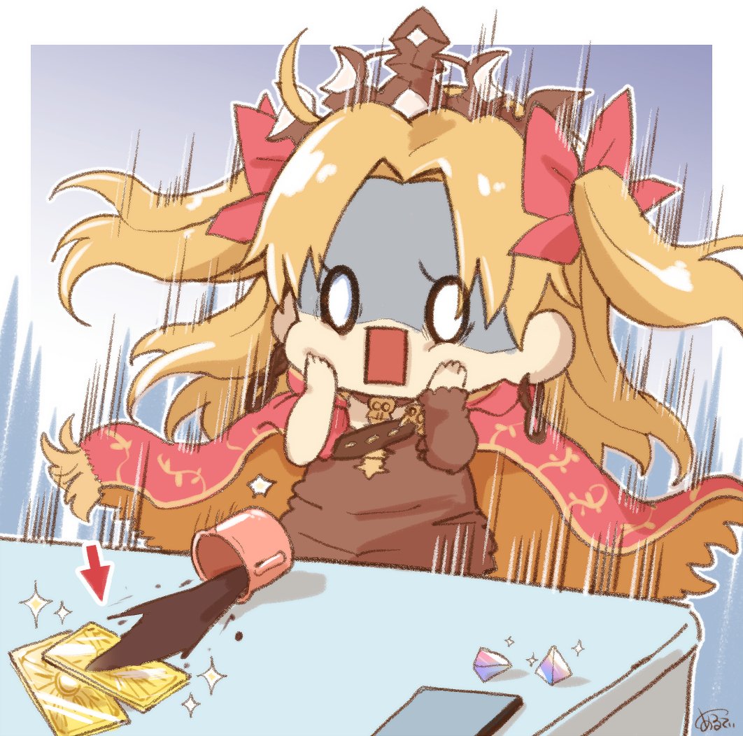 1girl, aruti, black_tiara, blonde_hair, cellphone, chibi, cloak, coffee, coffee_cup, cup, disposable_cup, earrings, ereshkigal_(fate), fate/grand_order, fate_(series), gold_trim, hair_ribbon, hands_on_own_cheeks, hands_on_own_face, hood, hooded_cloak, hoop_earrings, jewelry, long_hair, open_mouth, panicking, phone, red_cloak, red_ribbon, ribbon, saint_quartz_fragment, shaded_face, skull, skull_collar, smartphone, solo, spill, spilling, spine, summon_ticket_(fate), surprised, white_eyes, wide-eyed