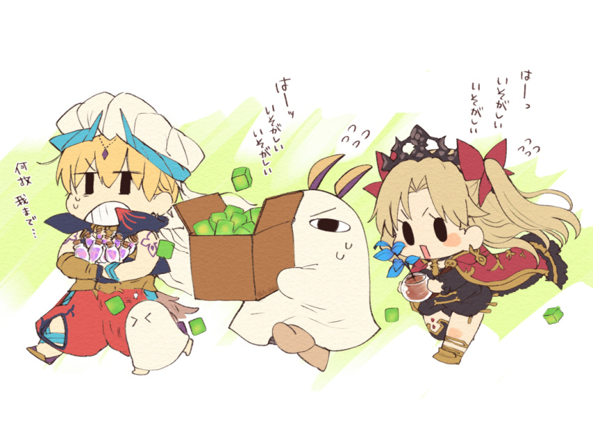 1boy, 2girls, aruti, black_tiara, blonde_hair, blush, bronze_sapling_(fate), carrying