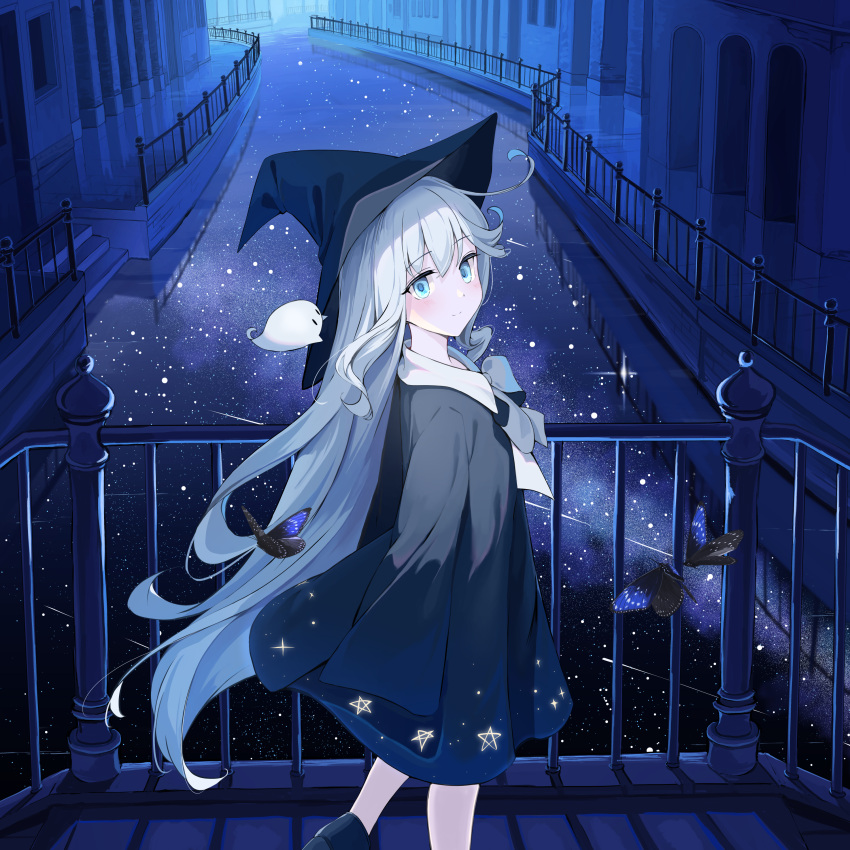 1girl, absurdres, ankle_boots, bangs, black_cloak, black_footwear, black_headwear, blue_eyes