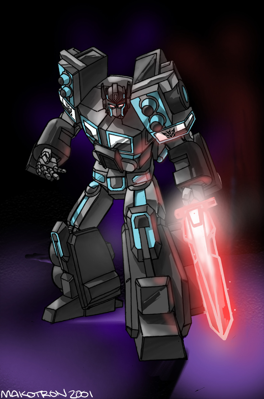 2000s_(style), absurdres, black_background, clenched_hand, decepticon, english_commentary, highres, holding