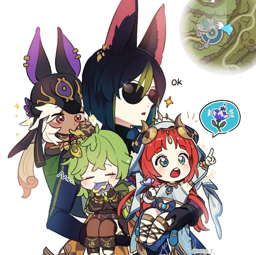 2boys, 2girls, animal_ear_fluff, animal_ears, animal_hat, bangs, black_gloves, black_hair