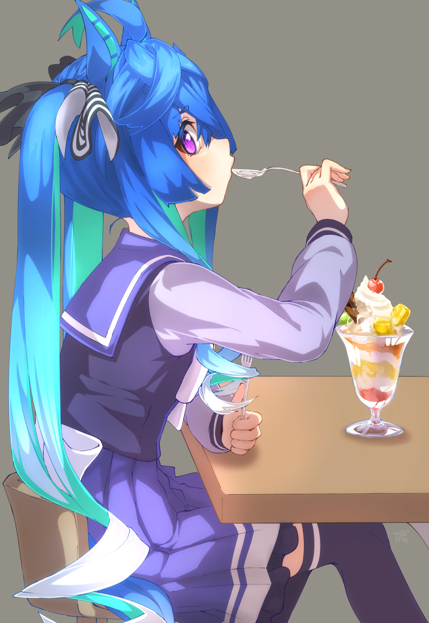 1girl, absurdres, ahoge, animal_ears, bangs, black_thighhighs, blue_hair, chair