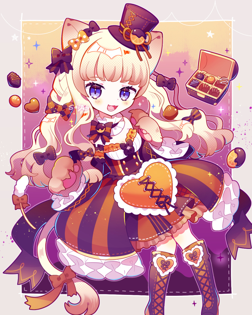 1girl, :d, animal_ears, animal_hands, blonde_hair, blue_eyes, boots, border