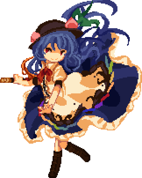 black_headwear, blue_hair, bow, bowtie, closed_mouth, food, fruit, full_body