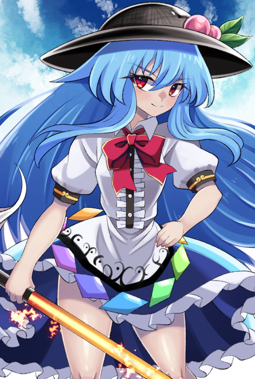 1girl, absurdres, bangs, black_headwear, blue_hair, blue_skirt, blue_sky, bow