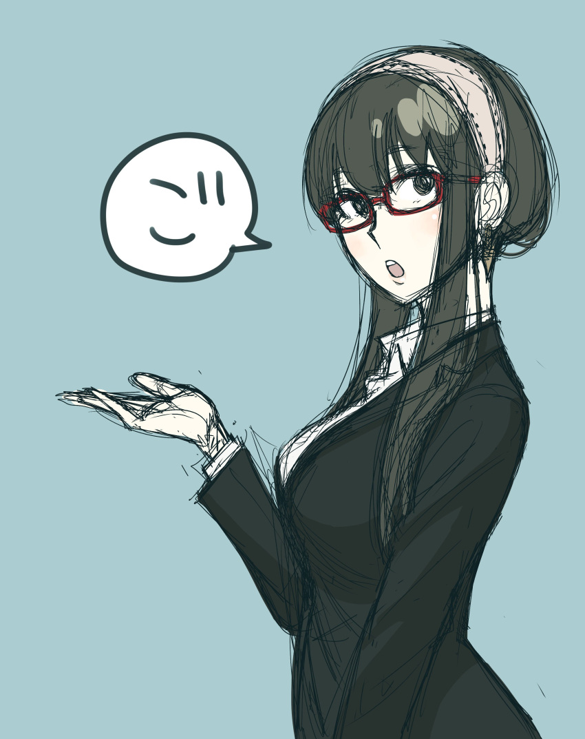 1girl, absurdres, black_eyes, black_hair, breasts, earrings, endou_tatsuya, formal