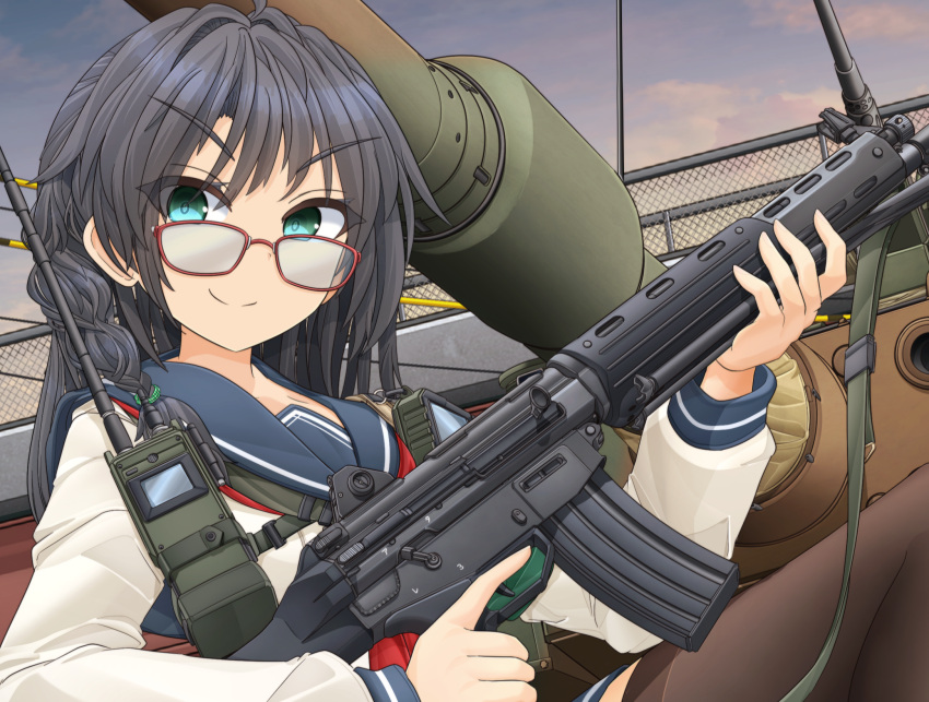 1girl, assault_rifle, bangs, black_hair, black_thighhighs, blue_sailor_collar, blue_skirt, braid