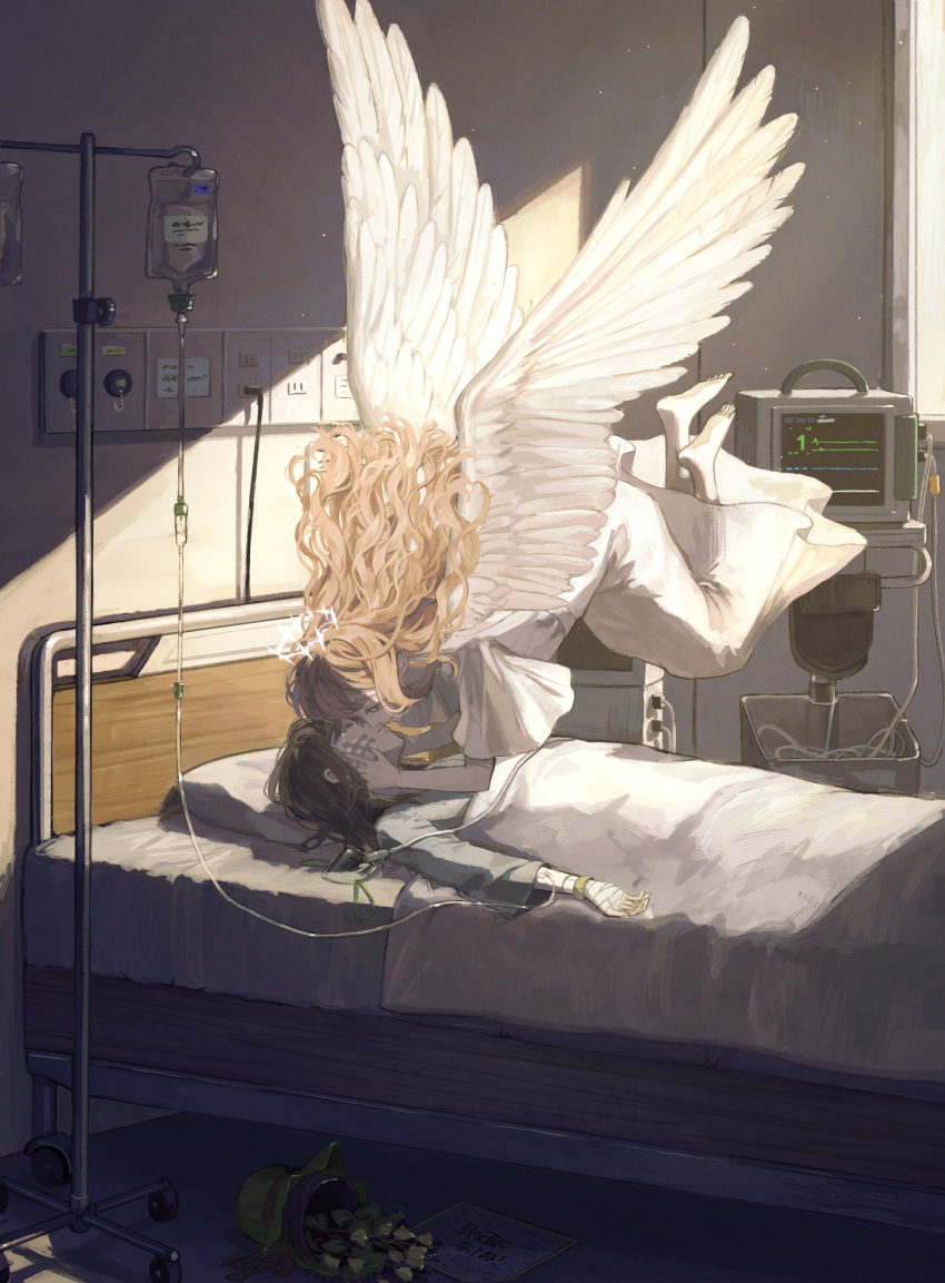 2girls, absurdres, angel, angel_wings, bandaged_hand, bandages, bandaid, bandaid_on_face