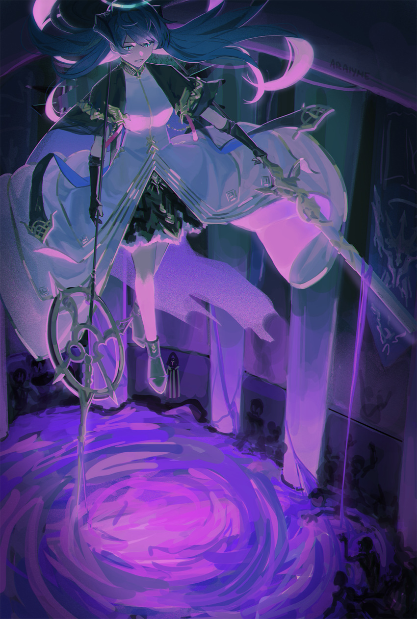 1girl, 1other, araiyme, arknights, artist_name, black_cape, black_gloves, black_skirt, blue_eyes, blue_hair, cape, commentary, demon_horns, detached_wings, dress, floating_hair, full_body, gloves, grey_footwear, halo, highres, holding, holding_staff, horns, liquid, long_hair, looking_down, mostima_(arknights), mostima_(spellbreaker)_(arknights), parted_lips, pillar, robe, shoes, skirt, smile, solo, staff, white_dress, wings