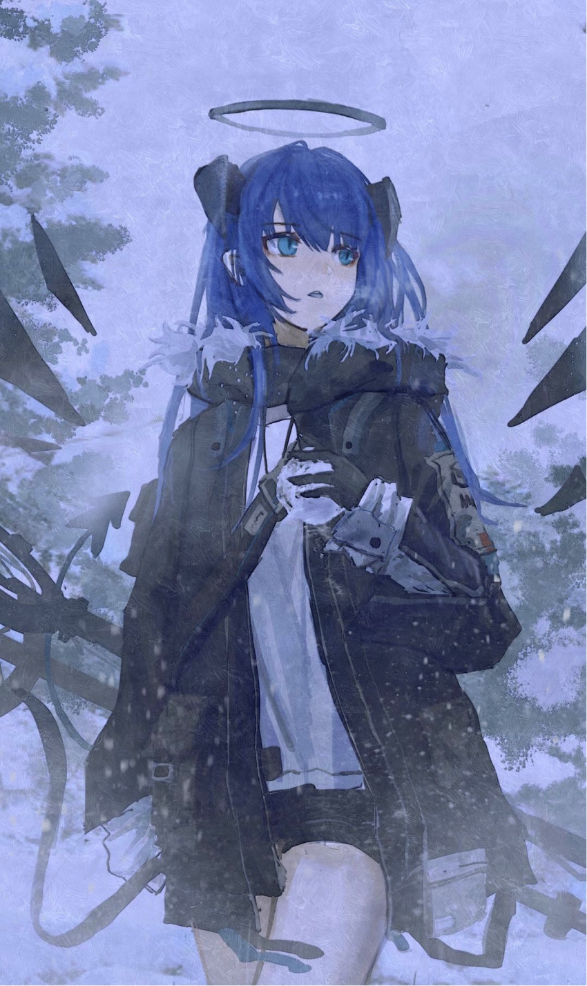 1girl, arknights, bagml, black_gloves, black_jacket, black_shorts, blue_eyes, blue_hair, blush, commentary, cowboy_shot, dark_halo, demon_horns, demon_tail, detached_wings, fur-trimmed_jacket, fur_trim, gloves, halo, highres, holding_snowball, horns, jacket, long_hair, long_sleeves, looking_to_the_side, mostima_(arknights), open_clothes, open_jacket, parted_lips, shirt, shorts, slit_pupils, snow, snowball, snowing, solo, tail, tree, white_shirt, wings