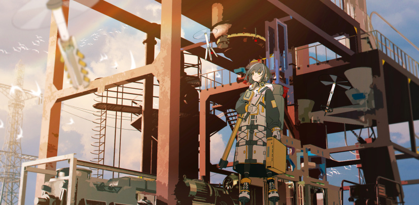 1girl, absurdres, arknights, black_pantyhose, boots, brown_hair, closed_mouth, clouds