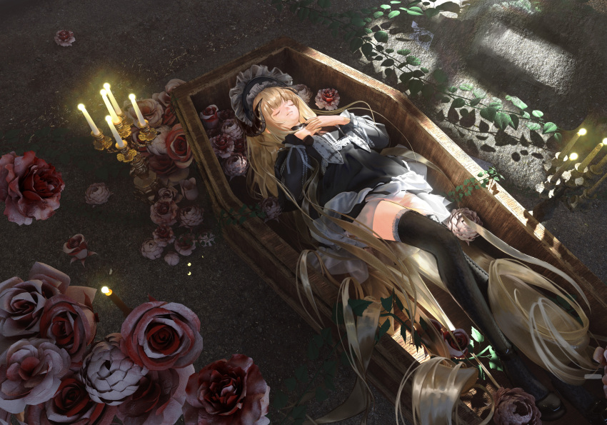 1girl, absurdly_long_hair, absurdres, arknights, black_dress, black_footwear, black_headwear, black_thighhighs